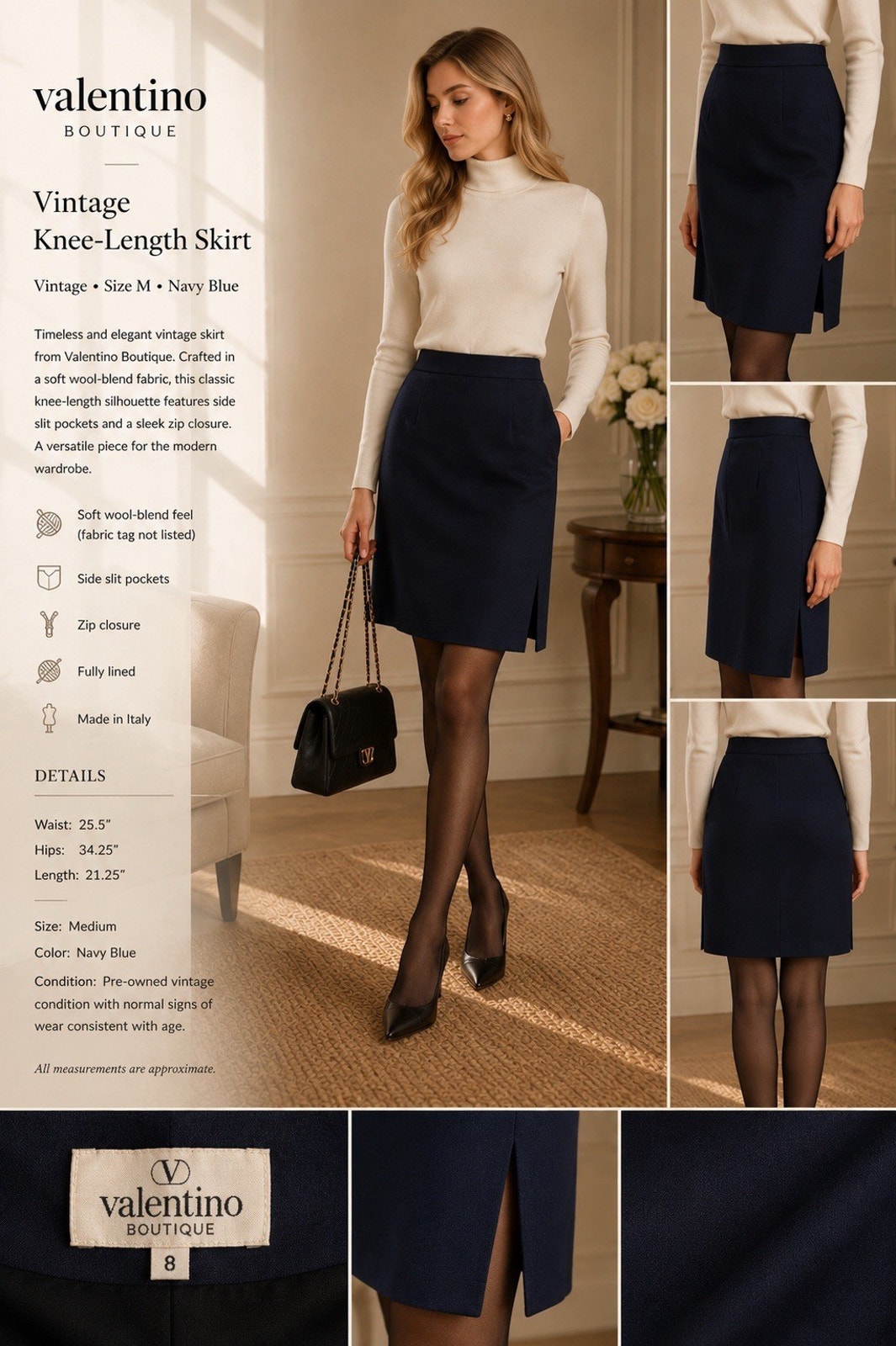 Valentino Boutique Vintage Navy Blue Knee-Length Skirt | Wool Blend | Size M